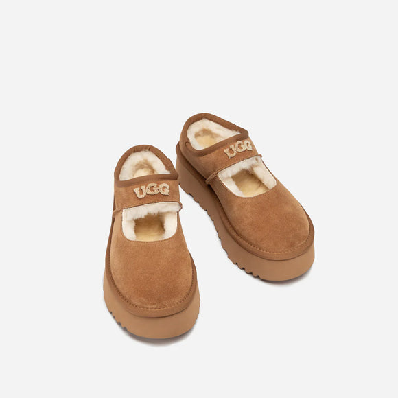 UGG MARY JANE EMB LOGO PLATFORM SLIPPERS
